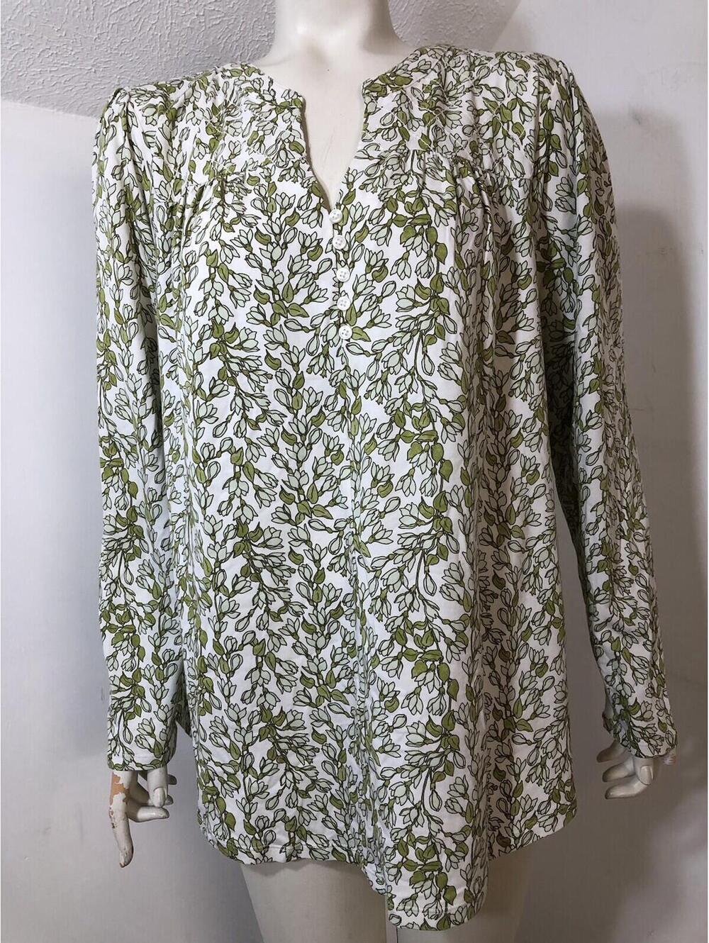Lands End Womens XLP 18 Popover Tunic Top Green White Floral Vine Knit